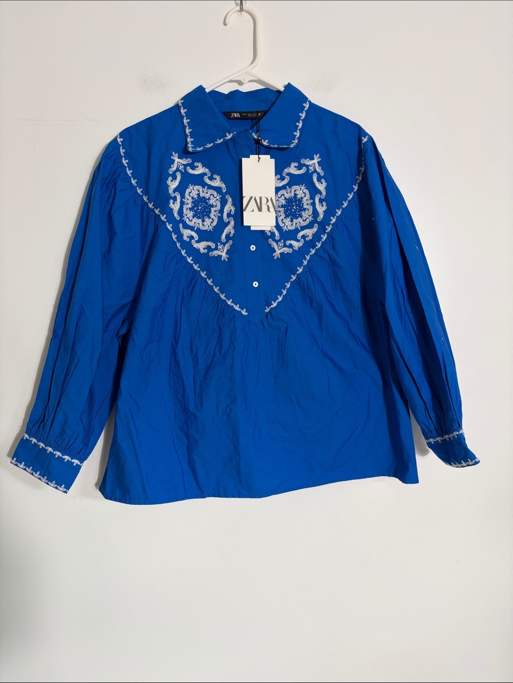 ZARA Bright Blue Embroidered Button-Front Blouse Medium